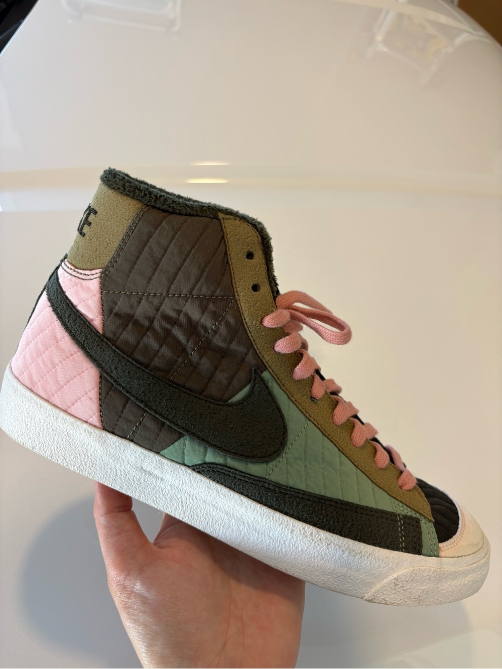 Nike Women’s Quilted High-Top Sneaker - Pink & Olive Green - Picture 2 of 4
